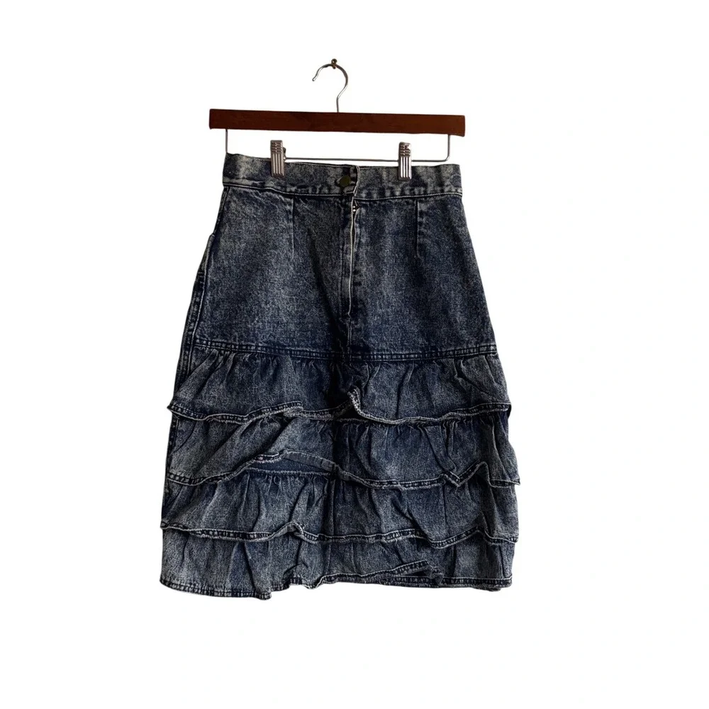 Vintage 80s Acid Wash Denim Tiered Ruffle Skirt High Waisted Made in USA